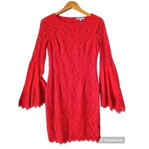 Antonio Melani Women's Red Lace Long Bell Flare Sleeve Sheath Dress Size 6‎